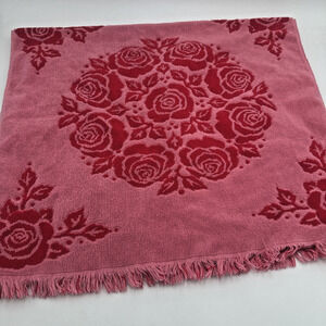 Vtg Sears Groovy Red & Pink Flowered Bath Towel W/Fringe Flower Power MCM